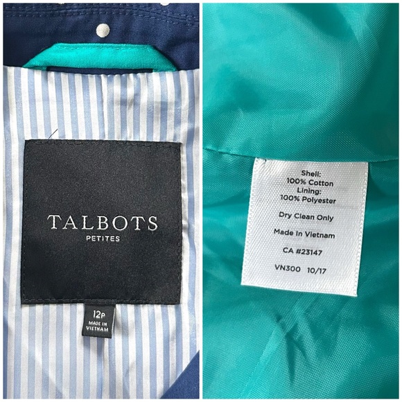 Talbots Navy Blue & White Polka Dot Print Cotton Mac Trench Petite Jacket - Picture 10 of 11